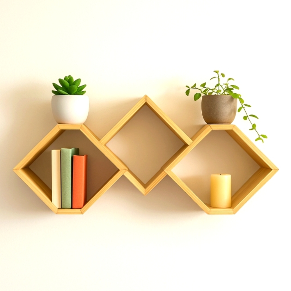 Handmade Bamboo Zig-Zag Wall Shelf – Geometric Diamond Design – Made in Thailand